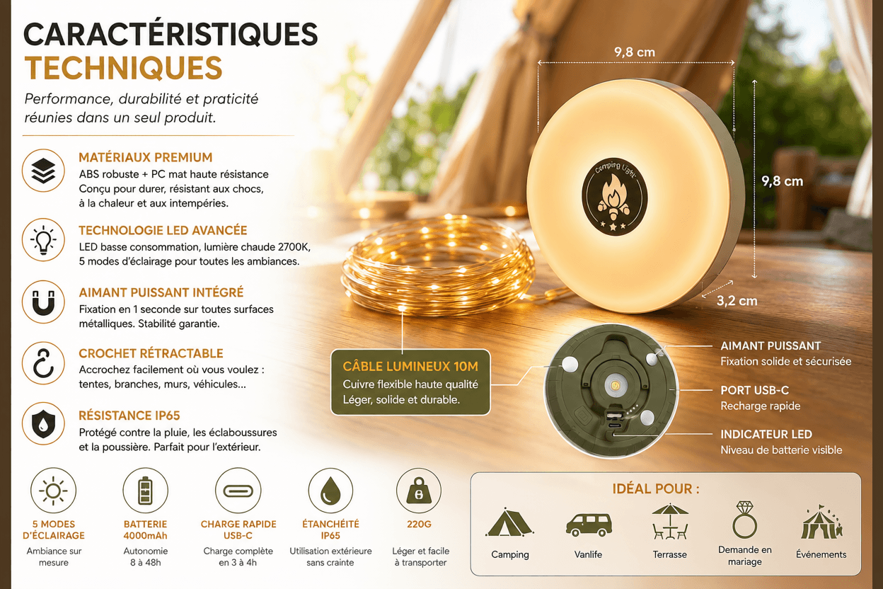 Lampe Nomade LED 4-en-1 Oria Rivea™ | Camping, Terrasse, Vanlife & Demande en Mariage